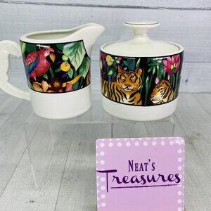 90 Vitromaster Sue Zipkin RAIN FOREST Tropical Tiger Bird Sugar Bowl Creamer Set